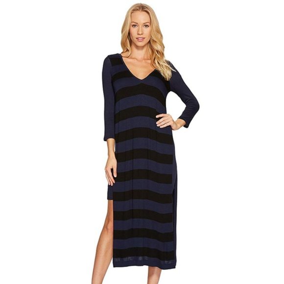 Three Dots Dress Navy and Black Stripe Jersey Dress size M - Picture 2 of 9